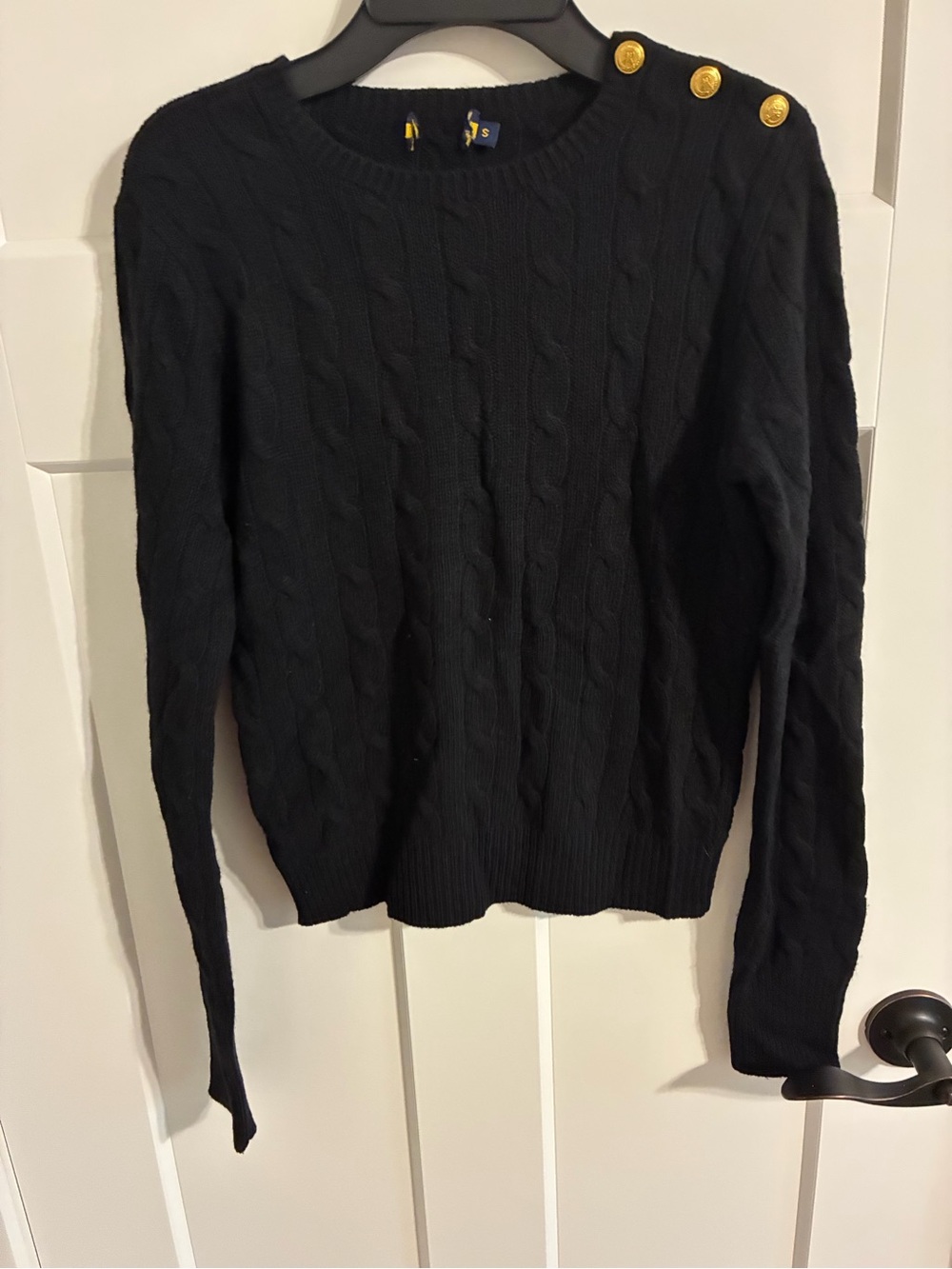 Polo by Ralph Lauren Black Cable-Knit Crewneck Sweater with Gold Buttons